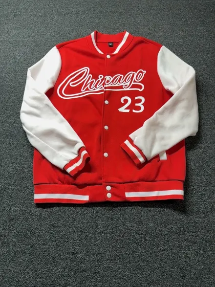 The original phone photo of the same red varsity jacket