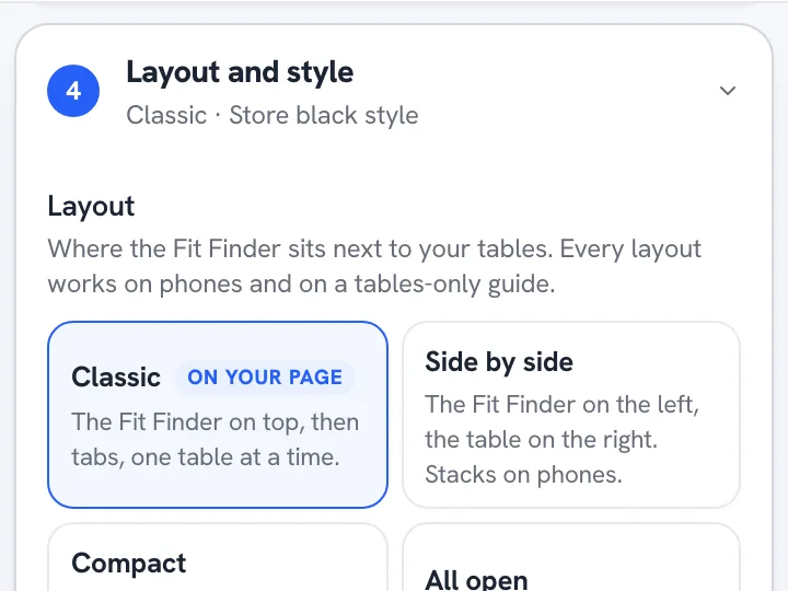 Le impostazioni di layout e stile nell'editor della Size Guide, con il layout Classico selezionato