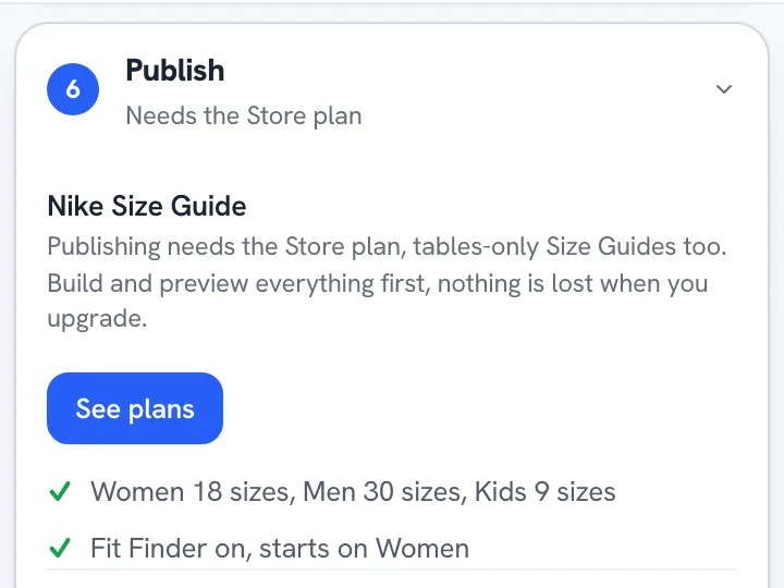 Il passaggio Pubblica nell'editor per una Size Guide Nike, con le tabelle donna, uomo e bambini compilate e il consulente taglie attivo